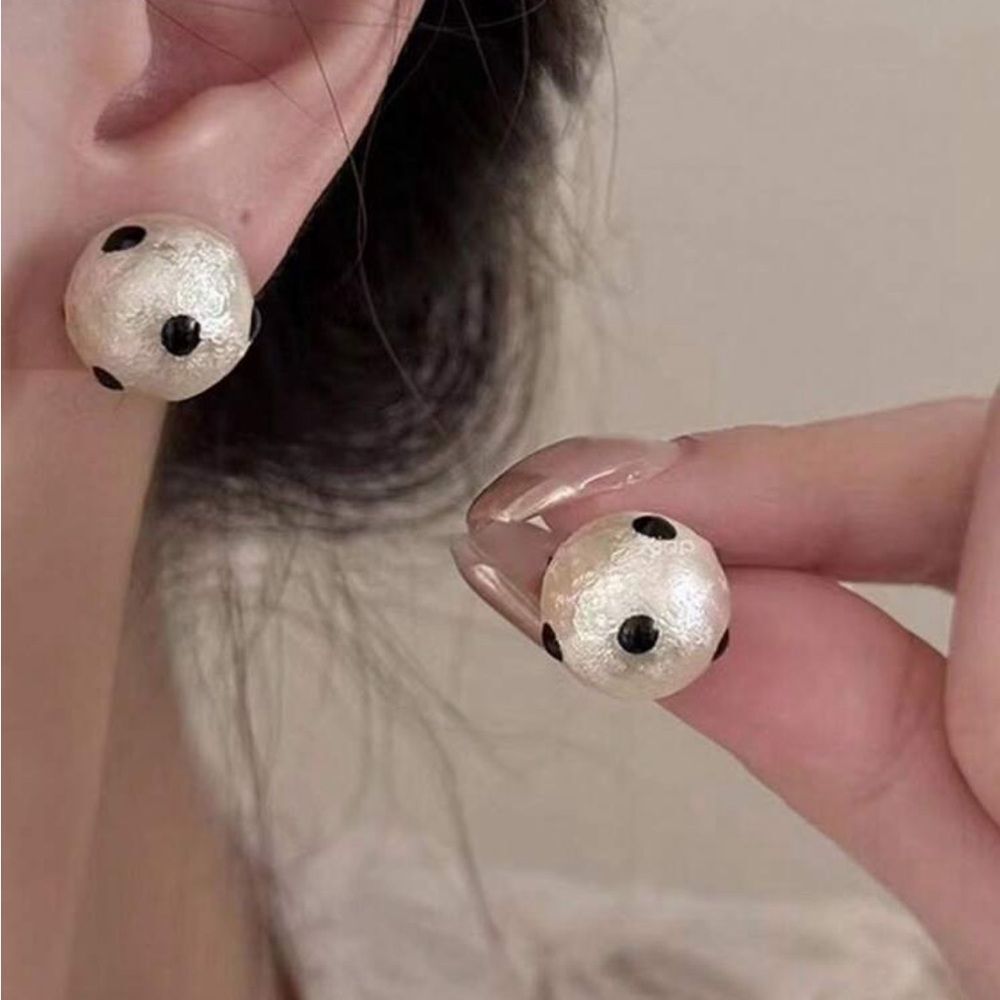 Silver Textured Bead Earrings with Black Dot Accents R343